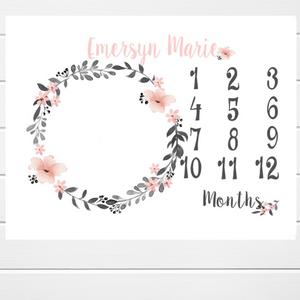 Personalized Milestone Blanket Girl Blush Pink Floral Wreath