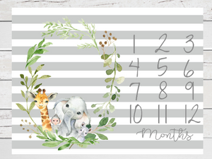 Personalized Milestone Blanket Safari Animals Grey Striped