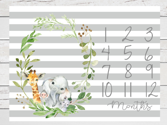 Personalized Milestone Blanket Safari Animals Grey Striped