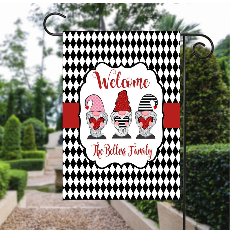 GARDEN FLAG Valentine's Day Gnomes Black and White